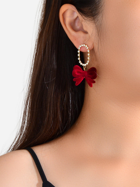 Sparkly Ribbon Bow Dangle Rhinestone Winered Vintage Square Bow Tie Earrings