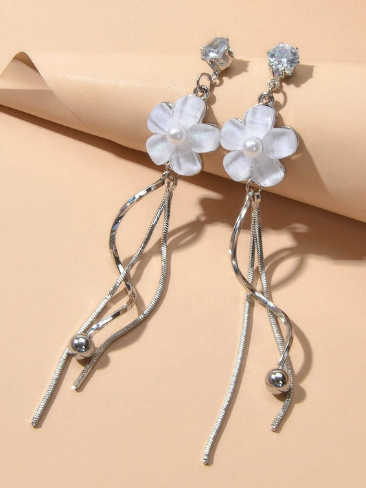 Fashion White Flower Silver Tassel Drop Dangle Earrings for Women Jewellery Gift