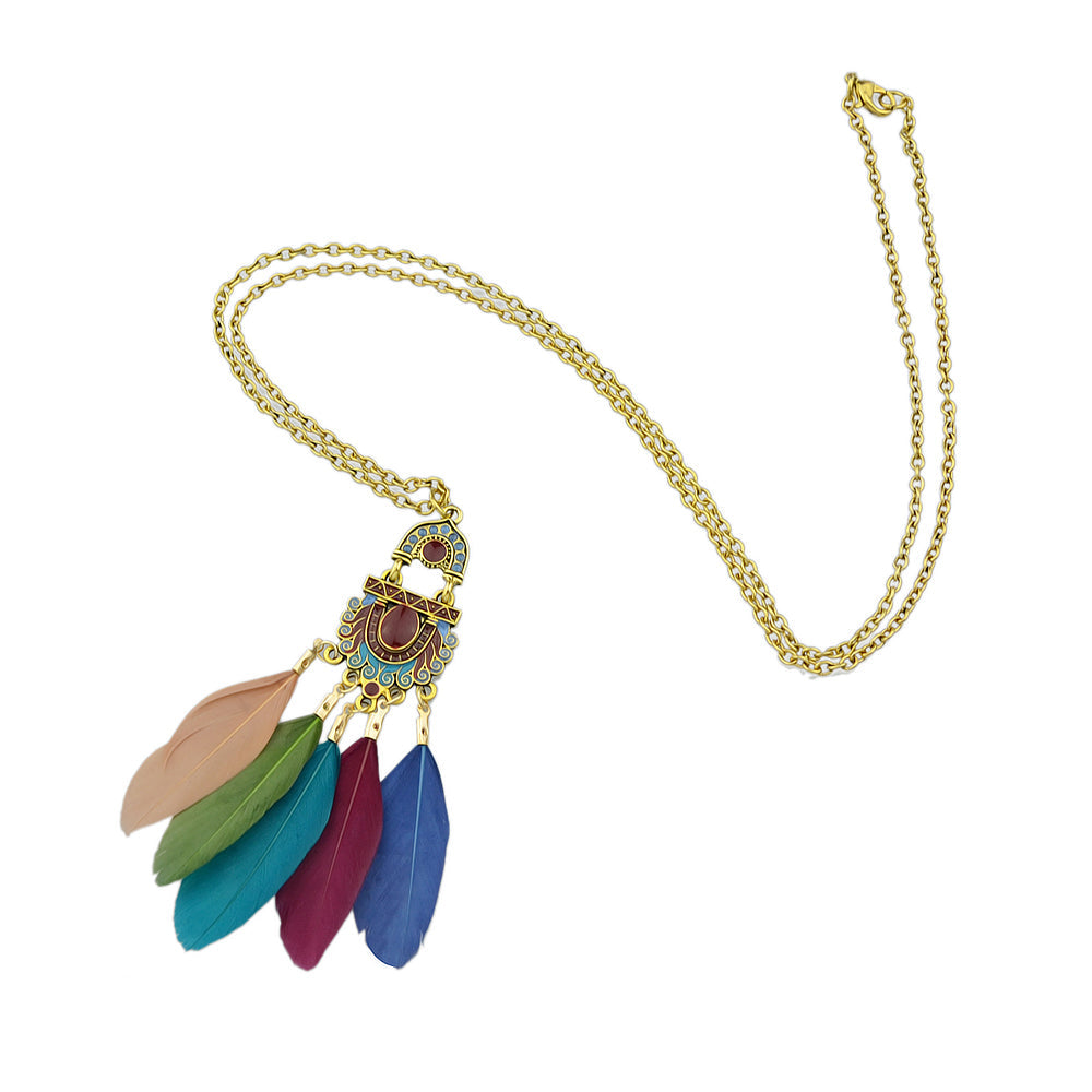 American Jewelry Ethnic Long Antique Gold Chain Colorful Feather Charm Necklace