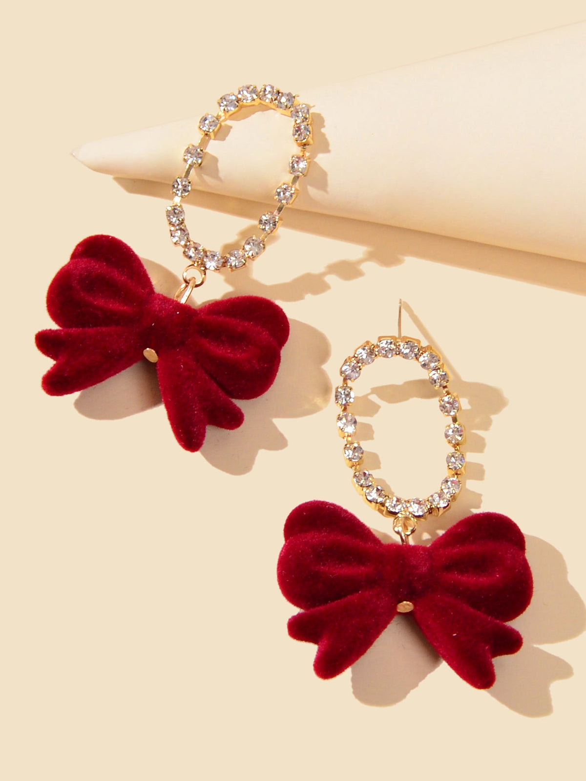 Sparkly Ribbon Bow Dangle Rhinestone Winered Vintage Square Bow Tie Earrings