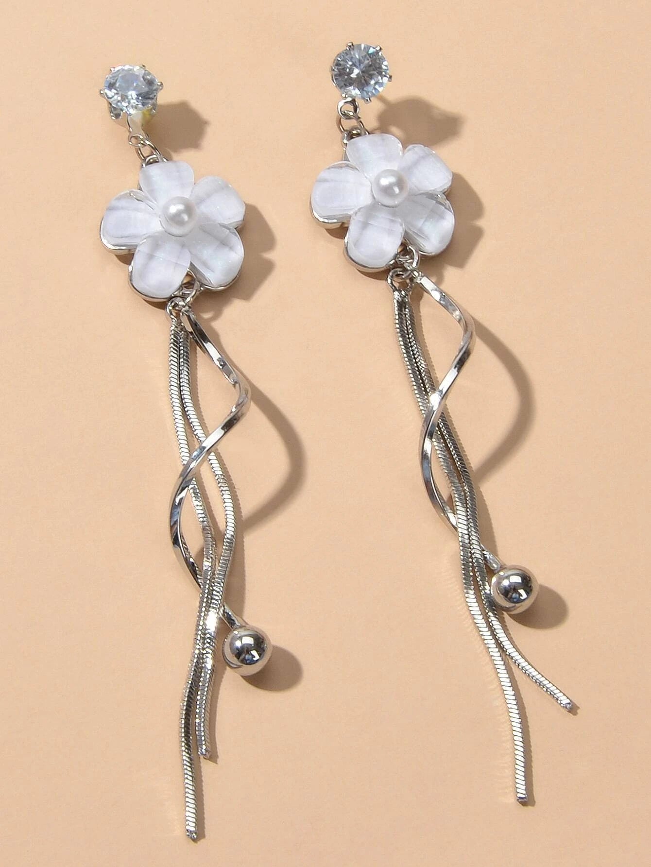 Fashion White Flower Silver Tassel Drop Dangle Earrings for Women Jewellery Gift