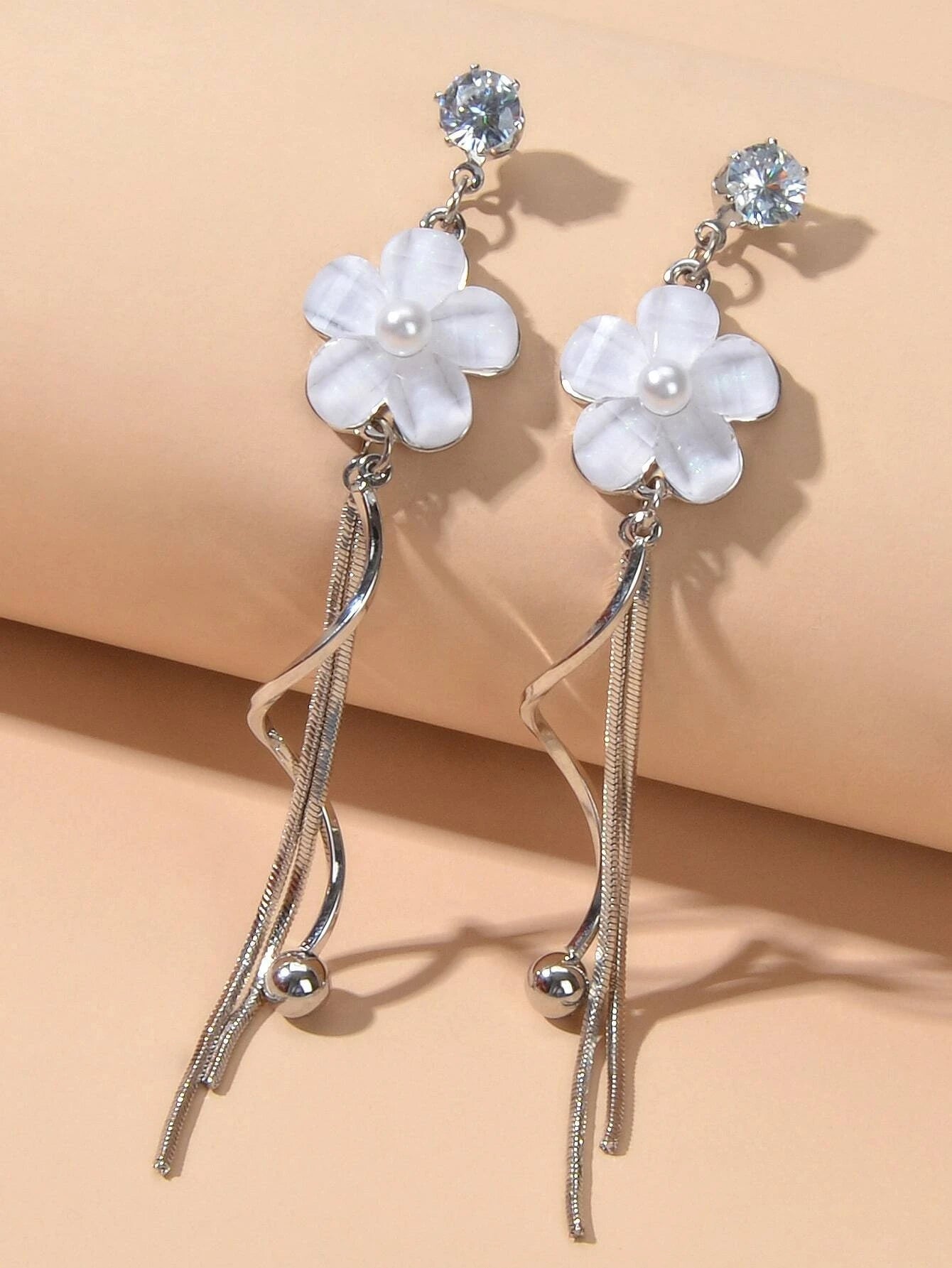 Fashion White Flower Silver Tassel Drop Dangle Earrings for Women Jewellery Gift