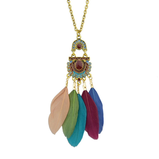 American Jewelry Ethnic Long Antique Gold Chain Colorful Feather Charm Necklace