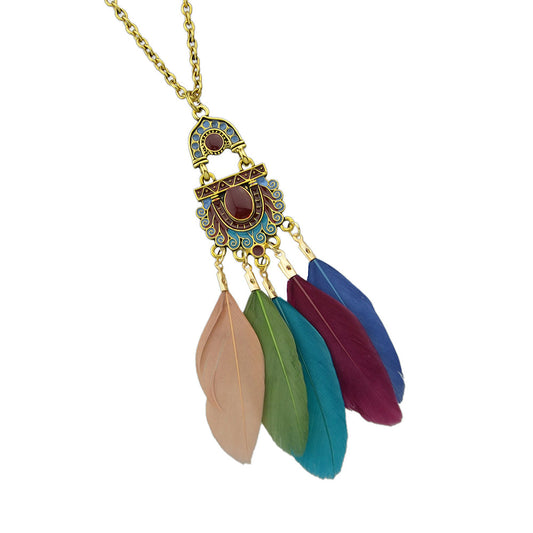 American Jewelry Ethnic Long Antique Gold Chain Colorful Feather Charm Necklace
